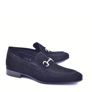 Corrente C11103 4428 Men's Shoes Black Crocodile Print / Suede Leather Bit Buckle Loafers (CRT1338)-AmbrogioShoes