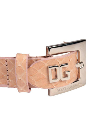 Peach python leather bracelet with a silver DG logo buckle and hardware.