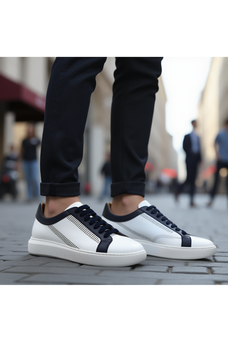 Donatello Deron White & Blue Leather Casual Sneakers (DON1001)