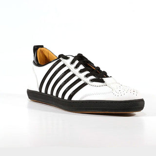 Dsquared Mens Shoes White with Black Strips Patent / Calf-Skin Leather Sneakers(DSM10)-AmbrogioShoes