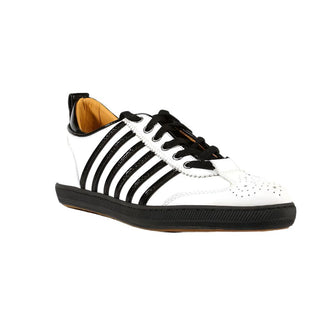 Dsquared Mens Shoes White with Black Strips Patent / Calf-Skin Leather Sneakers(DSM10)-AmbrogioShoes