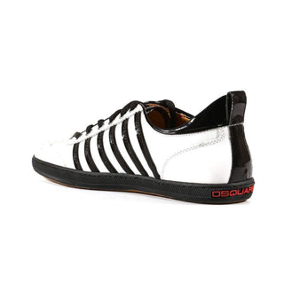 Dsquared Mens Shoes White with Black Strips Patent / Calf-Skin Leather Sneakers(DSM10)-AmbrogioShoes