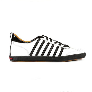 Dsquared Mens Shoes White with Black Strips Patent / Calf-Skin Leather Sneakers(DSM10)-AmbrogioShoes