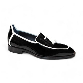 Duca Fano Men's Shoes Black/White Patent Leather-Velvet, Leather Lining Formal Loafers (D1140)-AmbrogioShoes