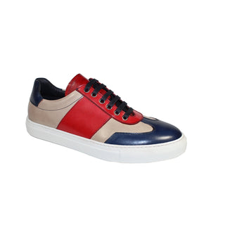 Duca Fermo Men's Shoes Blue/Red/Beige Calf-Skin Leather Sneakers (D1021)-AmbrogioShoes