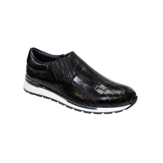 Duca Formia Men's Shoes Black Calf-Skin Croc Print Leather Sneakers (D1023)-AmbrogioShoes