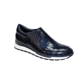 Duca Formia Men's Shoes Navy Calf-Skin Croc Print Leather Sneakers (D1025)-AmbrogioShoes