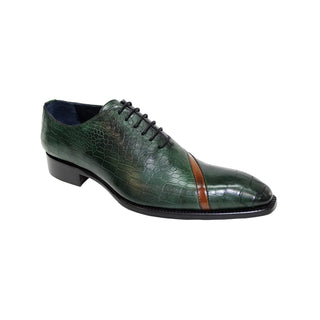 Duca Torre Men's Shoes Green/Brandy Calf-Skin Croco Print Leather/Calf Oxfords (D1079)-AmbrogioShoes