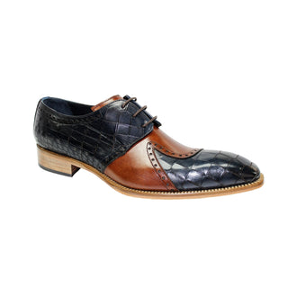 Duca Valentano Men's Shoes Navy/Brandy Calf-Skin Croco Print Leather/Calf Oxfords (D1089)-AmbrogioShoes