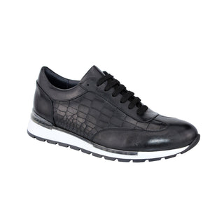 Duca Varsi Men's Shoes Black Calf-Skin Leather/Croco Print Sneakers (D1093)-AmbrogioShoes