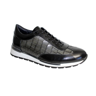 Duca Varsi Men's Shoes Black/Grey Calf-Skin Leather/Croco Print Sneakers (D1096)-AmbrogioShoes