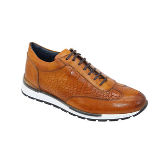 Duca Varsi Men's Shoes Cognac Calf-Skin Leather/Croco Print Sneakers (D1094)-AmbrogioShoes