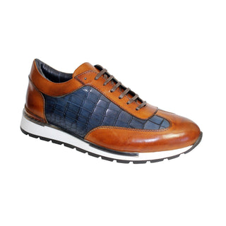 Duca Varsi Men's Shoes Cognac/Navy Calf-Skin Leather/Croco Print Sneakers (D1097)-AmbrogioShoes