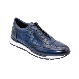 Duca Varsi Men's Shoes Navy Calf-Skin Leather/Croco Print Sneakers (D1095)-AmbrogioShoes