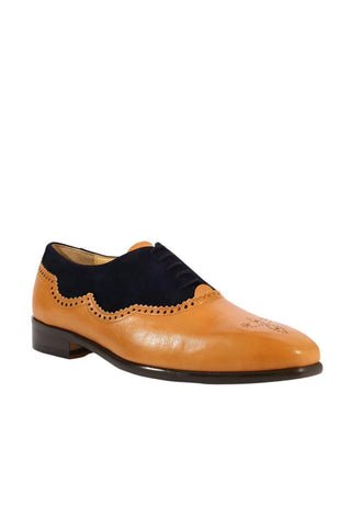 Emilio Franco Italian Men's Designer Shoes Camel / Blue Leather and Suede Oxfords (EFS1003)