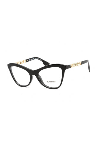 Burberry 0BE2373U black acetate cat-eye eyeglasses with gold-toned logo lettering on the temples.