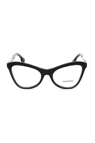 Burberry 0BE2373U black acetate cat-eye eyeglasses with gold temple accents for women.