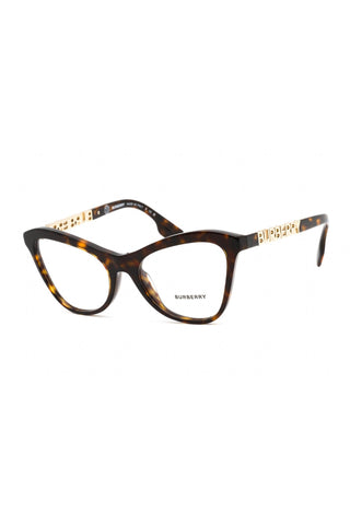 Burberry 0BE2373U women's cat-eye eyeglasses in tortoiseshell acetate with gold logo temples.