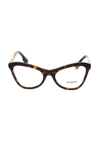Burberry 0BE2373U women's cat eye eyeglasses in tortoiseshell acetate with gold-tone temple detailing.
