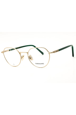 Salvatore Ferragamo SF2233 round unisex eyeglasses featuring a gold metal frame and contrasting green temple tips.