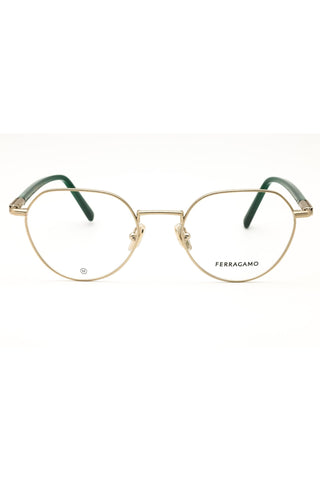 Salvatore Ferragamo SF2233 unisex round eyeglasses with a gold metal frame and dark green temple tips.