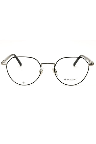 Salvatore Ferragamo SF2233 unisex round eyeglasses featuring a sleek black and silver metal frame on a white background.