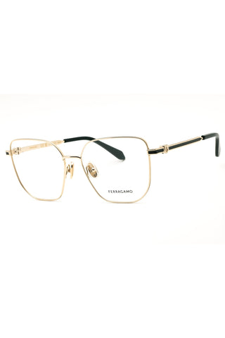 Salvatore Ferragamo SF2234 women's round metal eyeglasses in gold with black temple accents and clear lenses.