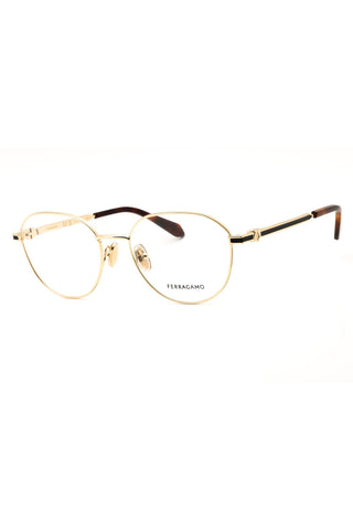 Salvatore Ferragamo SF2236 women's round eyeglasses featuring a gold metal frame with black accents and tortoiseshell temple tips.