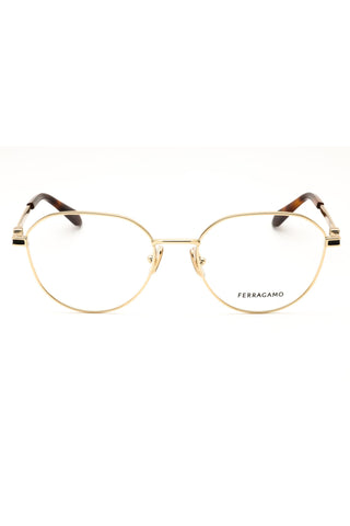 Salvatore Ferragamo SF2236 women's round gold metal eyeglasses with tortoise shell temple tips.