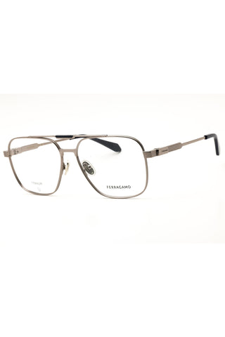 Salvatore Ferragamo SF2591 men's rectangular titanium eyeglasses in a sleek gunmetal finish with a double bridge design.