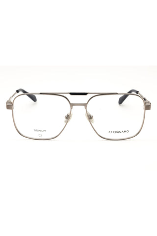 Salvatore Ferragamo SF2591 rectangular men's eyeglasses featuring a sleek gunmetal titanium frame and a double bridge design.