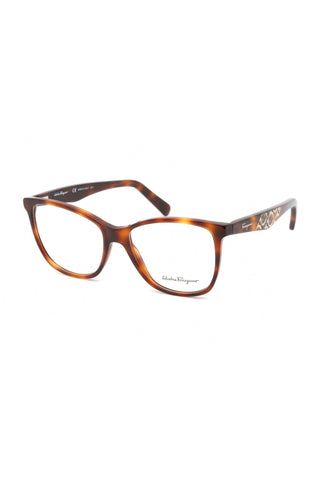 Salvatore Ferragamo SF2903 women's rectangular eyeglasses in a polished tortoiseshell acetate frame with patterned temples.