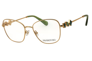 Swarovski 0SK1025 gold metal cat eye women's eyeglasses with green crystal accents on the temples.