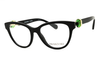 Swarovski 0SK2004 black acetate cat-eye women's eyeglasses featuring green crystal accents on the temples.
