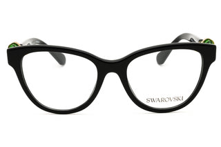 Swarovski 0SK2004 black acetate cat-eye women's eyeglasses with green crystal accents on the temples.