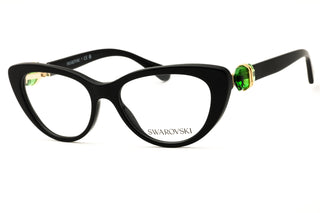 Swarovski 0SK2005 black acetate cat-eye eyeglasses featuring green crystal accents on the temples.