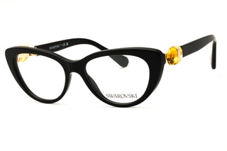 Swarovski 0SK2005 black acetate cat-eye women's eyeglasses with gold-tone crystal accents on the temples.