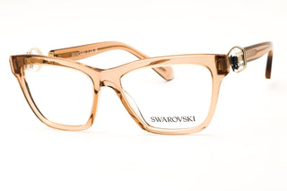 Swarovski 0SK2021 women's rectangular eyeglasses in translucent beige acetate with crystal-embellished temples.