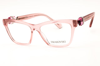 Swarovski 0SK2021 women's rectangular eyeglasses in translucent pink acetate with decorative crystal accents on the temples.