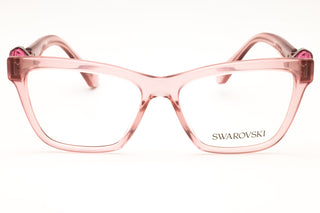Swarovski 0SK2021 rectangular women's eyeglasses in translucent pink acetate with decorative crystal accents on the temples.