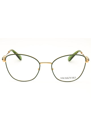 Swarovski SK1034 women's cat-eye eyeglasses featuring a gold and dark green metal frame with elegant temple detailing.