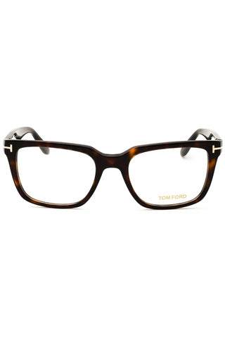Tom Ford FT5304 rectangular eyeglasses in tortoiseshell acetate with signature gold T-logo temples.