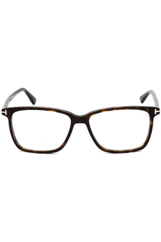 Tom Ford FT5478-B rectangular men's eyeglasses in a brown tortoiseshell acetate frame with signature T-logo temples.