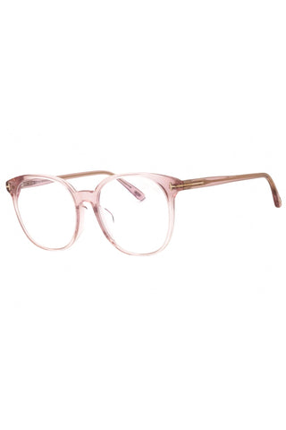 Tom Ford FT5671-F-B women's round eyeglasses featuring a translucent light pink acetate frame and signature gold temple details.