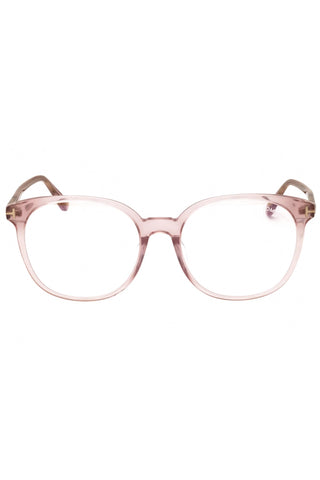 Tom Ford FT5671-F-B women's round eyeglasses in translucent pink acetate with signature gold T-logo temple details.