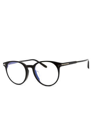 Tom Ford FT5695-F-B women's round black acetate eyeglasses with signature gold T-logo temple detailing.
