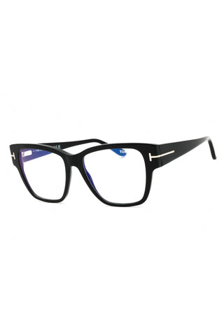 Tom Ford FT5745-B black acetate rectangular women's eyeglasses with signature gold T-logo temple accents.