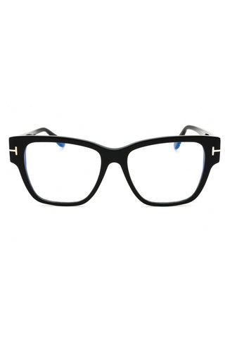 Tom Ford FT5745-B women's rectangular eyeglasses in glossy black acetate with signature gold T-logo temple accents.