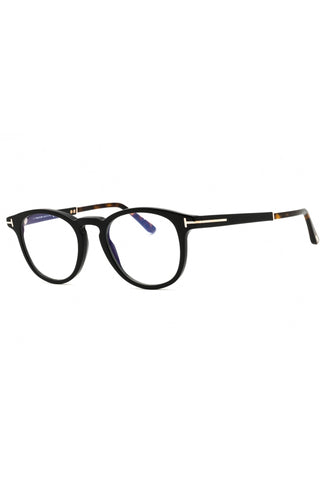 Tom Ford FT5891-B round unisex eyeglasses featuring a black acetate frame with signature gold T-logo temple accents.