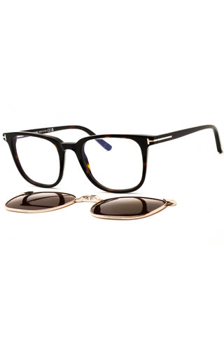 Tom Ford FT5916-B rectangular tortoiseshell acetate eyeglasses with a detachable gold-tone clip-on sunglass lens.
